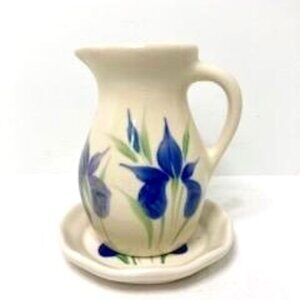 Emerson Creek Pottery Pitcher & Under Plate Flower Iris Ivory Blue & Green USA